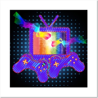 Gamer Gay Pride Rainbow Controllers and TV Black Posters and Art